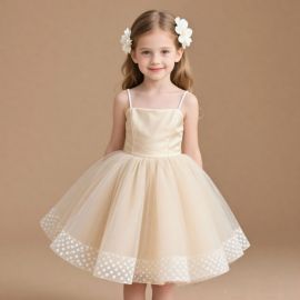 Elegant Girls' Spaghetti Strap Tulle Dress with Polka Dot Hem - Perfect for Parties