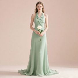Sage Green Halter Neck Long Evening Dress - Elegant Flowy Chiffon Formal Gown