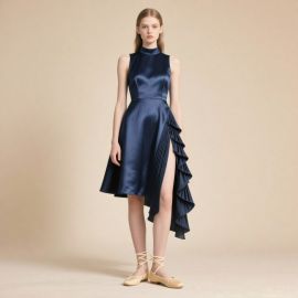 Elegant Navy Blue Satin High-Neck Dress: Asymmetric Ruffle Hem & Sleeveless Design