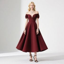 Elegant Burgundy Off - Shoulder Pleated Midi Dress for Formal Events