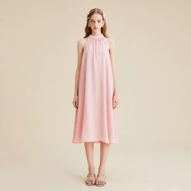Pink Sleeveless Midi Dress - Elegant Halter Neck Chiffon Summer Dress