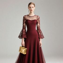 Burgundy Lace & Mesh Flared Sleeve Evening Gown - Elegant Formal Dress