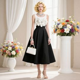 Elegant Black & White Midi Dress with 3D Floral Embellishments - Vintage Inspired Evening Gown