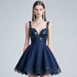 Elegant Navy Blue Short Prom Dress with Sequins & Lace Details