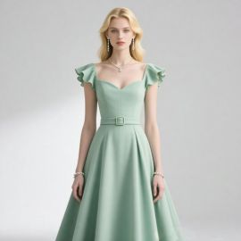 Elegant Mint Green A-Line Dress: Ruffled Cap Sleeves, Belted Waist, Flowy Skirt