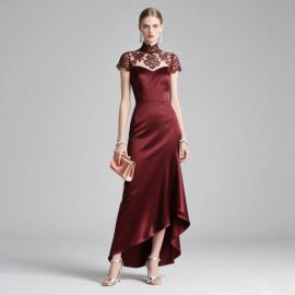 Elegant Burgundy Satin High-Low Hem Dress with Lace Neckline & Cap Sleeves