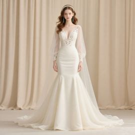 Elegant Mermaid Wedding Dress: Deep V-Neck Lace Bodice & Sheer Long Sleeves for Chic Brides