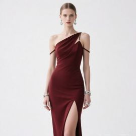Elegant Burgundy One - Shoulder Gown with High Slit, Ideal for Formal Events