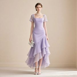 Elegant Lavender Lace Dress: Square Neck & Asymmetric Ruffled Hem - Perfect for Formal Events