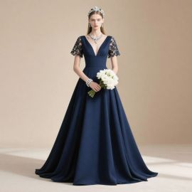 Navy Blue Lace Sleeves V - Neck Elegant Ball Gown Evening Dress
