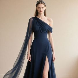 Elegant Navy Blue One - Shoulder Gown with Chiffon Sleeve & High Slit for Formal Events