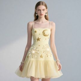Yellow Spaghetti Strap Dress with Moon Star Fireworks Embellishment - Cute Dreamy Style