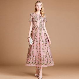 Chic Pink Floral Embroidered Midi Dress - Elegant Summer Style for Women
