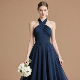 Elegant Navy Blue Halter Neck Long Dress - Chiffon A-Line Formal Gown