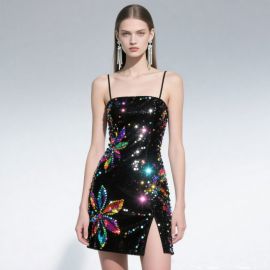 Glamorous Sequined Colorful Floral Spaghetti Strap Mini Dress with Side Slit
