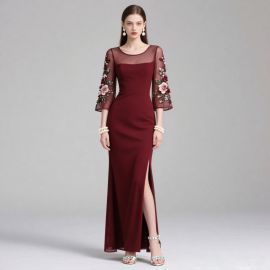 Burgundy Long Evening Dress with Embroidered Sleeves & High Slit - Elegant Formal Gown