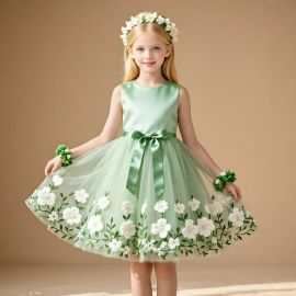 Mint Green Sleeveless Flower Girl Dress with Floral Embroidery & Bow Belt