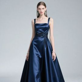 Elegant Navy Blue Satin Evening Gown - Square Neck & Cinched Waist Design
