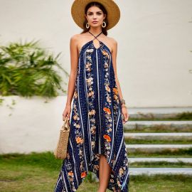 Bohemian Halter Floral Stripe Maxi Dress - Summer Vacation Beachwear