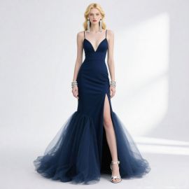 Navy Blue Mermaid Gown: Spaghetti Strap Plunge V-Neck High Slit Tulle Skirt Evening Dress