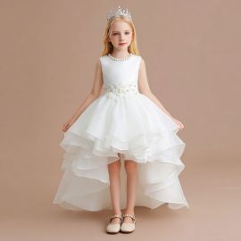 Girls White High-Low Flower Girl Dress with Lace Waistband - Sleeveless Formal Gown for Weddings/Parties