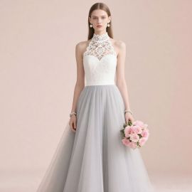 Elegant Halter Neck Lace Wedding Dress - White Bodice & Gray Tulle Skirt