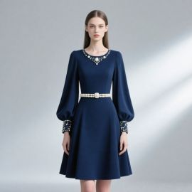 Elegant Navy Blue Long Sleeve Dress with Pearl Neckline, Belt & Cuffs - A-line Skirt