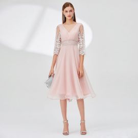 Elegant Pink Lace-Sleeve V-Neck Midi Dress - Perfect for Weddings & Parties