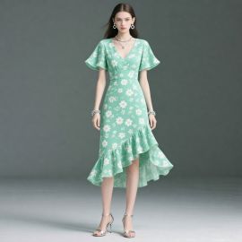 Green Floral V-Neck Asymmetric Ruffle Hem Midi Dress - Summer Elegant Style