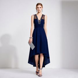 Navy Blue High-Low Hem Beaded Evening Dress with Sheer Neckline