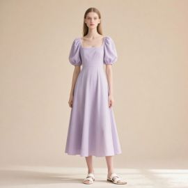 Lavender Square Neck Puff Sleeve Midi Dress - Elegant Summer Style