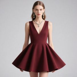 Burgundy Sleeveless V-Neck Flared Skirt Elegant Short Dress