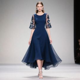 Navy Blue Midi Dress: Floral Embroidered Sheer Sleeves & High-Low Hem for Elegant Events