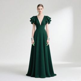 Elegant Emerald Green Gown: Ruffled Sleeves & Deep V-Neck Evening Dress