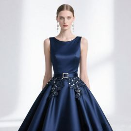 Elegant Navy Blue Satin Evening Dress with Lace & Bead Embellishments