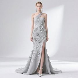 Stunning Gray One - Shoulder Gown: Intricate Floral Embroidery & High Slit Evening Dress