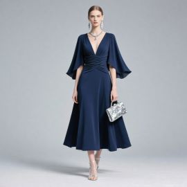 Navy Blue V-Neck Cinched Waist Midi Dress with Flared Sleeves - Elegant Evening Gown