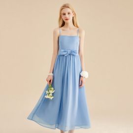 Elegant Light Blue Spaghetti Strap Chiffon Dress with Bow - Flowy Summer Maxi Gown for Women