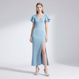 Light Blue V-Neck Ruffled Sleeve Slit Maxi Dress - Elegant Evening Gown
