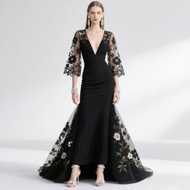 Elegant Black Evening Gown Deep V Neck Lace Sleeves Embroidered Train Formal Dress