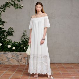 Elegant Off - Shoulder White Maxi Dress with Lace Trim - Summer Boho Style
