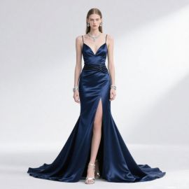 Navy Blue Satin Evening Gown: Spaghetti Straps Deep V-Neck High Slit Mermaid Formal Dress