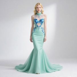 Mint Green Mermaid Evening Gown: Sequined Heart Cutout & High Neck Design