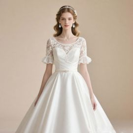 Elegant Lace Short - Sleeve Wedding Dress: A - Line Satin Gown with Ruffled Sleeves & Floral Embroidery