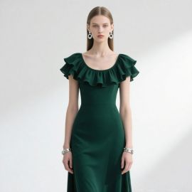 Elegant Emerald Green Ruffled Midi Dress - Chic Feminine Style for Women