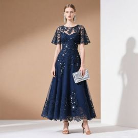 Elegant Navy Blue Lace Sequined Midi Dress for Formal Events