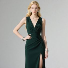 Elegant Deep Green V - Neck Ruched Waist Slit Evening Gown