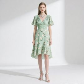 Mint Green Floral Print V-Neck Dress: Pleated Bodice, Ruffled Sleeves & Asymmetric Hem