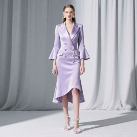Lavender Satin Asymmetric Hem Blazer Dress | Elegant Bell-Sleeve Double-Breasted Design