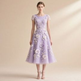 Lavender 3D Floral Embroidered Short-Sleeve Midi Dress - Elegant Occasion Wear